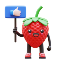 3D Strawberry Character Holding Like Sign Suitable For Social Media Campaigns And Marketing png
