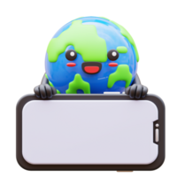 3D Earth character holding a blank phone horizontally, suitable for landscape mode app designs, tech promotions, or educational environmental presentations png