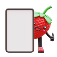 3D Strawberry character holding blank vertical advertisement board with cheerful expression suitable for marketing, advertising, and promotional designs png