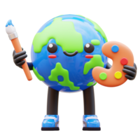 3D Earth character holding an artist brush and palette, representing creativity and global art, suitable for art related content and creative designs png