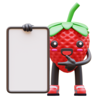 3D Strawberry character holding blank vertical board with hand pointing suitable for marketing, advertising, and promotional designs png