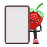 3D Strawberry character holding blank vertical advertisement board suitable for marketing, advertising, and promotional designs png