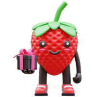 3D Strawberry Character Holding Gift Box, Suitable for Holiday or Gifting Illustrations png