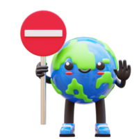 3D Earth character holding a no entry sign, symbolizing restriction and traffic awareness, suitable for traffic regulation and restriction related designs png