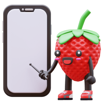 3D Strawberry character holding blank smartphone screen with pointer suitable for mobile app presentations, tech tutorials, and digital marketing png