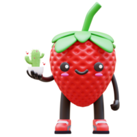 3D Strawberry Character Holding Cactus Suitable For Gardening And Plant Care Concepts png
