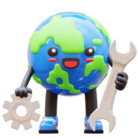 3d tierra personaje participación llave inglesa y engranaje, representando global reparar y ingeniería, adecuado para mecánico y Ingenieria conceptos png
