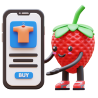 3D Strawberry Character Showing Mobile Shopping App Suitable For ECommerce And Digital Shopping Concepts png