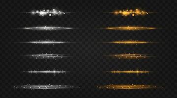 Gold and white horizontal glow lines, light effect set. Glowing transparent laser stripes. vector