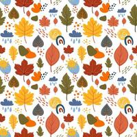 Autumn seamless pattern with leaves, sun, clouds, rain drops. Autumn colourful falling leaves wrapping paper vector