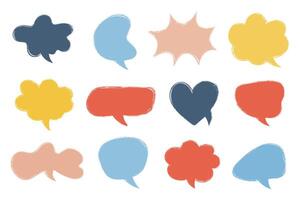Grunge crayon drawn colourful speech bubbles icon set. Textured doodle dialog bubbles set vector
