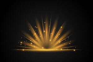 Golden bursting rays of light effect. Transparent glowing sunrise light effect with sparkles vector