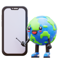 3D Earth character with a pointer and blank smartphone, useful for educational technology presentations or mobile app mockups png