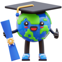 3D Earth character in a graduation cap holding diploma, ideal for educational themes png