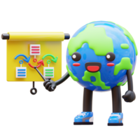 3D earth character presenting infographic with flowchart, suitable for business and data presentations png