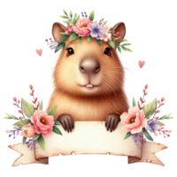 aigenerated a capybara with flowers on its head and a banner png