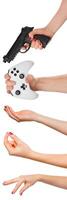 Multiple images set of female caucasian hand with objects isolated over white background photo