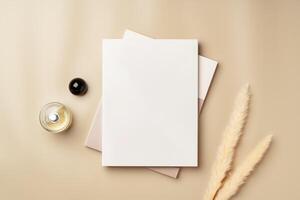 Blank stack of paper on beige background top view photo