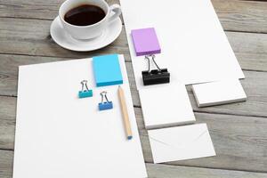 Mock up set of id template, notebook and cup of coffee. Coffee break background photo