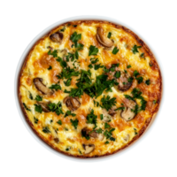 Top view of a round pizza with mushrooms and parsley isolated on a transparent background. png