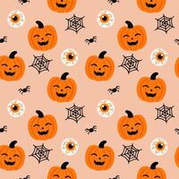 halloween seamless pattern banner background with pumpkin, ghost eyes, spider, and spider web vector