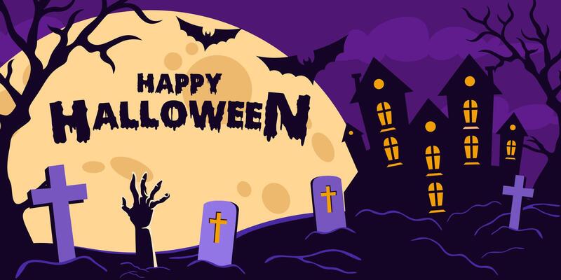 Halloween background cemetery landscape with zombie hands, tombstones, and haunted house