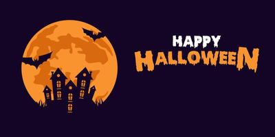 Halloween Night Background with Castle and bat on the Moonlight in Flat Cartoon with copy space area vector