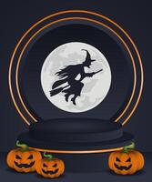 Halloween background dark podium for product display with Moon, witch, and pumpkins with copy space area vector