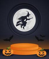 Halloween sale background design with 3d Podium round, spooky pumpkin, flying witch, moon with copy space area vector