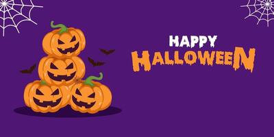 Happy Halloween banner background with spooky pumpkins, spider web with copy space area vector