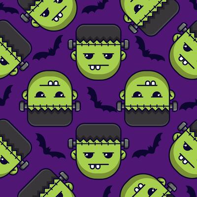 Halloween seamless pattern background with Frankenstein illustration for kids, card Halloween, print