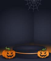 Halloween dark theme product display background 3D black podium decoration with pumpkins with copy space area vector