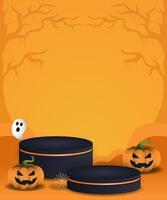 Halloween showcase background with podiums, pumpkin and spooky ghost with copy space area vector