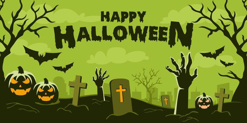 Halloween background cemetery landscape with zombie hands, tombstones, and haunted house
