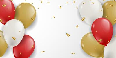 3D realistic balloon luxury background with white, red, gold balloons design and copy space area vector