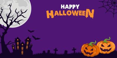 halloween background with spooky pumpkins, full moon, castle, and graveyard. With copy space area vector