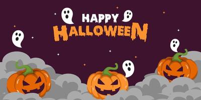 Halloween background with pumpkin and ghost on dark night and clouds background with copy space area vector