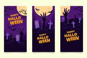 Halloween background templates with scary theme frames. Zombie hands, tombstones, flying bats for social media vector