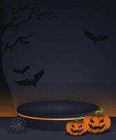Halloween podium dark color with pumpkin and bat, poster, social media background with blank space vector
