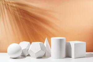 Various geometric shapes arranged artistically on a table with a warm, soft background during daylight photo