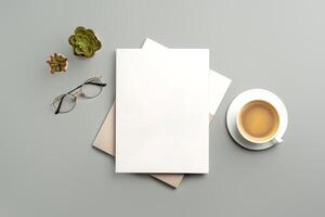 Cozy Workspace With Notepad, Pen, Glasses, and Coffee on Minimalist Desk photo
