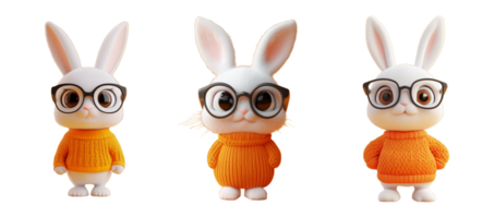 Rabbit doll wearing glasses and sweater isolated on transparent background. 3d rendering. png