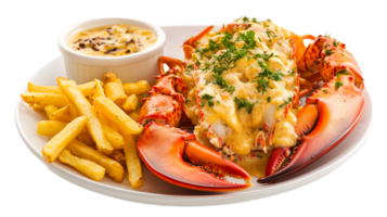 Lobster steak with French fries and sauce isolated on transparent background png