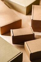 Multiple cardboard boxes arranged on a surface for packaging and shipping in a warehouse setting photo