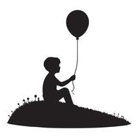 Silhouette of a child holding a balloon on a string on a white background vector