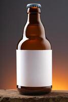 Blank label on the beer bottle on dark background. photo