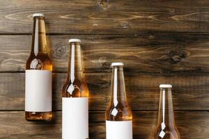 Beer bottle on a brown wooden table flat lay background with a copy space photo