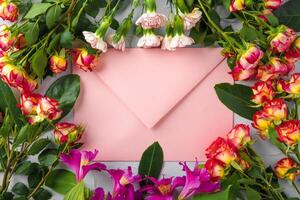 Pink envelope with flowers, top view. Romantic letter photo