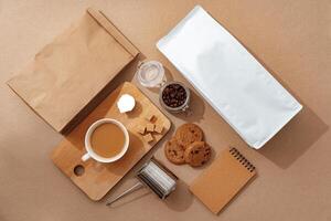 Coffee identity branding mockup set top view flat lay photo