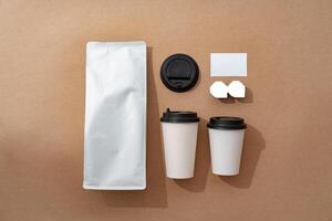 Coffee identity branding mockup set top view flat lay photo